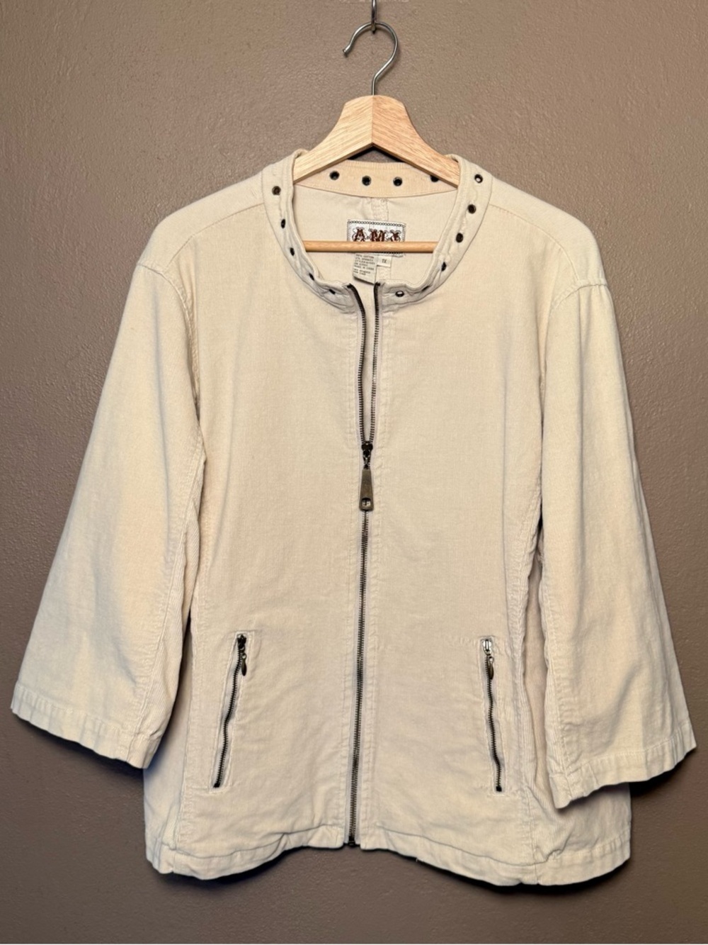 AMI Women's Cream Corduroy Cotton Zip Up Y2K Jacket Grommet Band Collar Size 1X